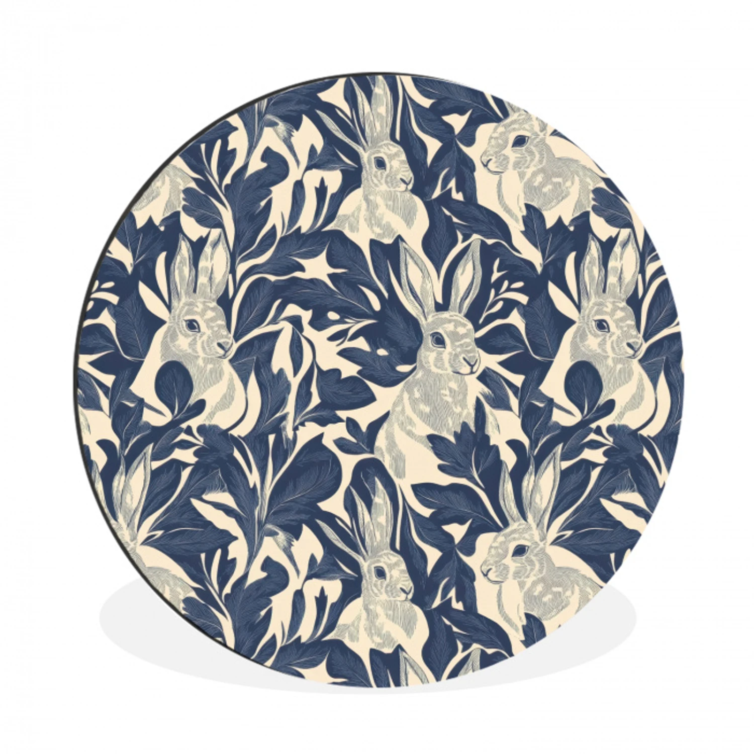 Hazen - Bladeren - Patroon - Blauw - Beige Wandcirkel aluminium klein 190 -3d