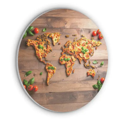 Wereldkaart - Pizza - Houten ondergrond Akoestische PET Vilt - Rond klein -3d