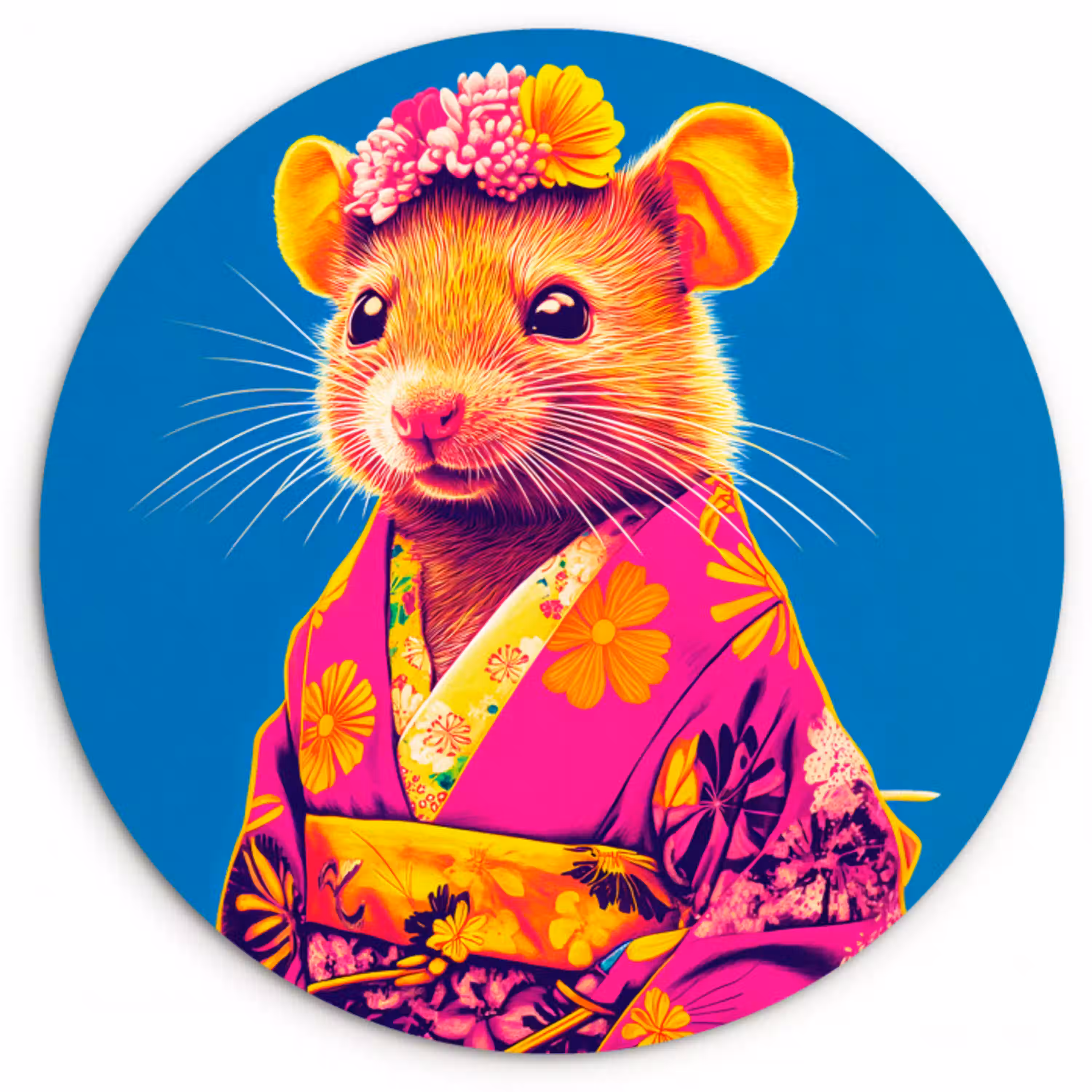 Muis - Kimono - Bloemen - Blauw Wandcirkel plexiglas klein -3d