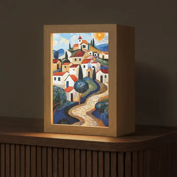 Dorp - Heuvelachtig - Zon - Mozaïek Light Box met kabel (Tafellamp) klein -z3d_website