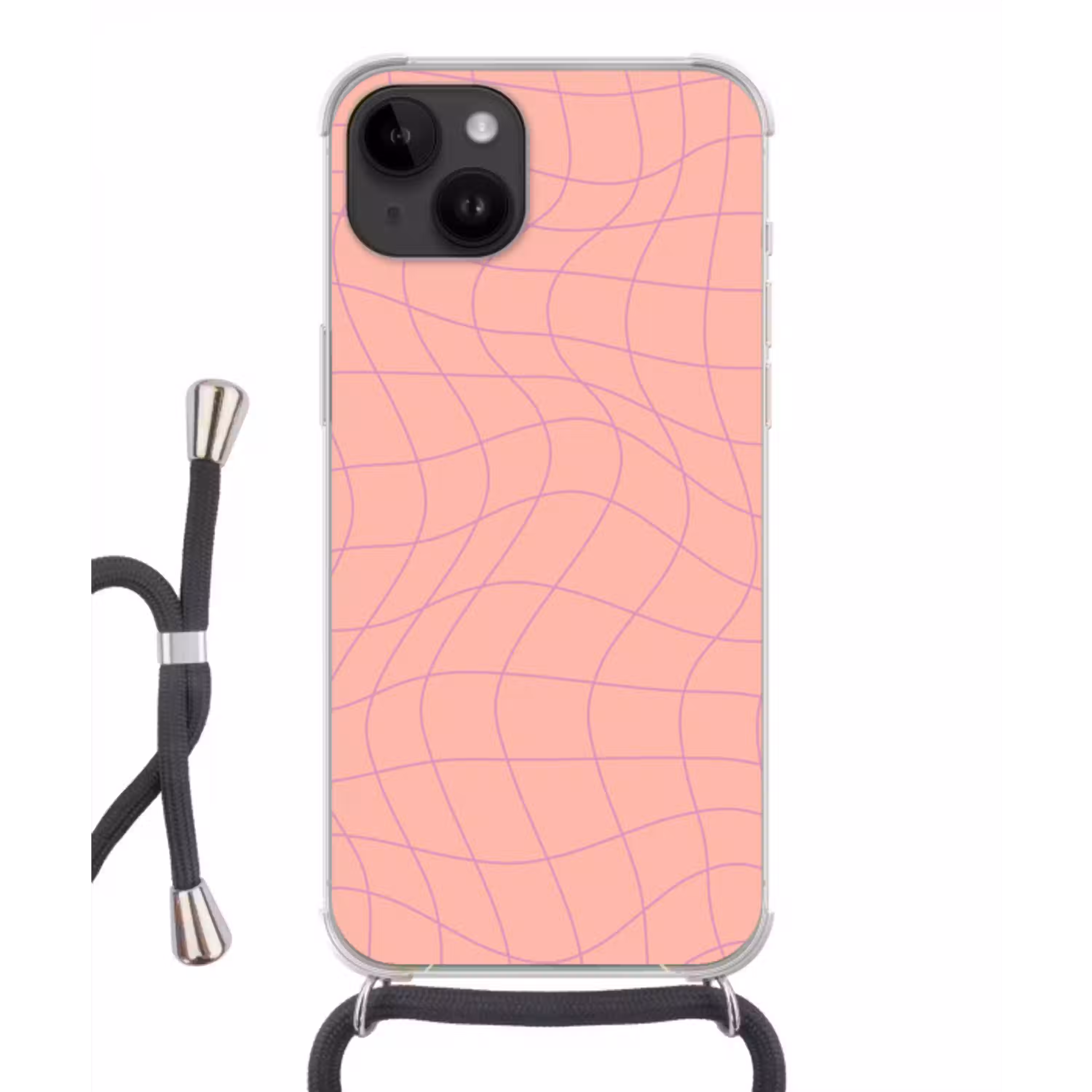 Hokjes patroon - Roze - Paars - Golvende lijnen Crossbody Case iPhone 14 middel -3d