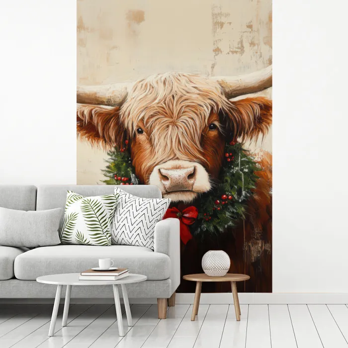 Kerst - Schotse Hooglander - Bruin - Krans fotobehang vinyl groot -woonkamer