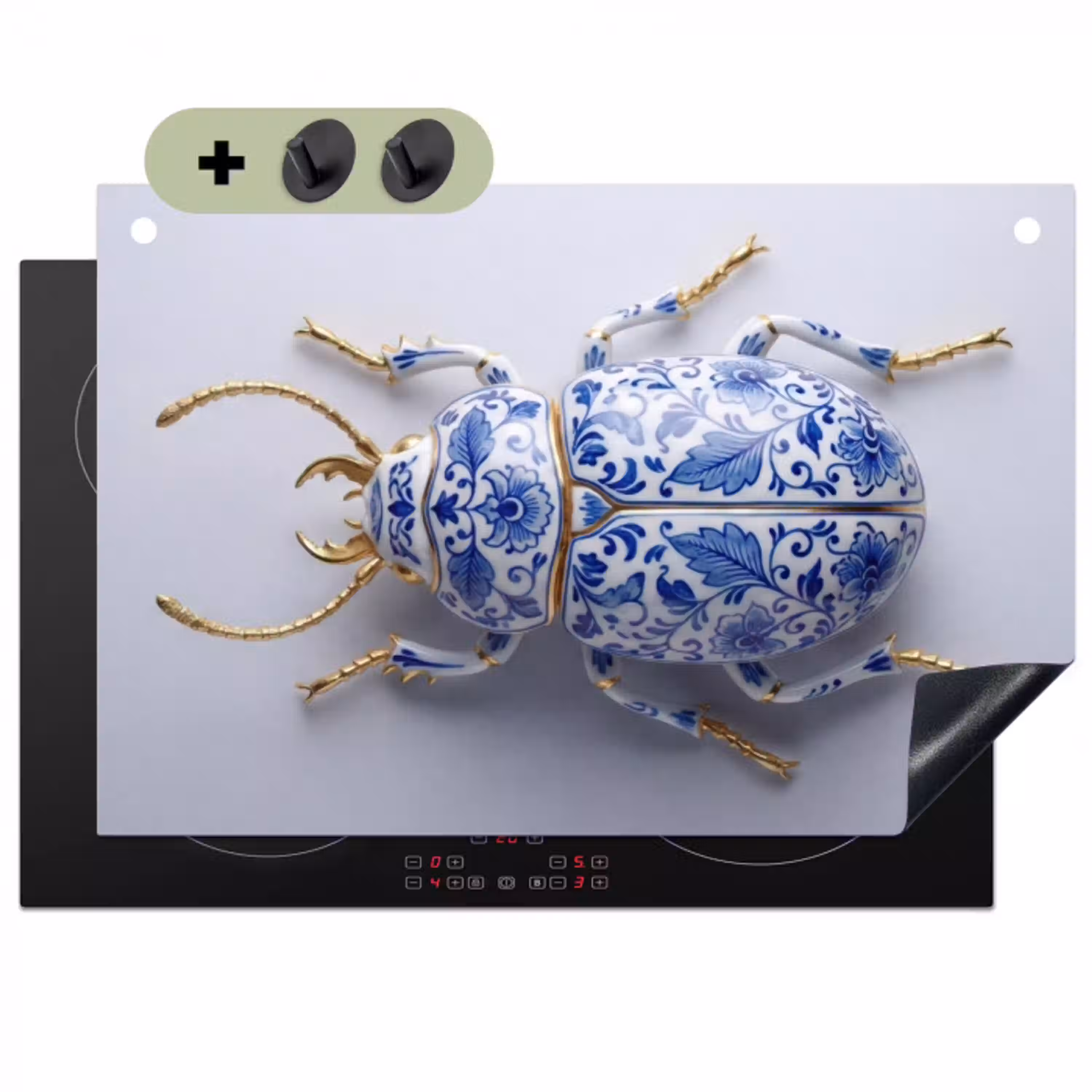 Kever - Delfts  - Blauw - Goud Inductie beschemer met haakjes klein -3d