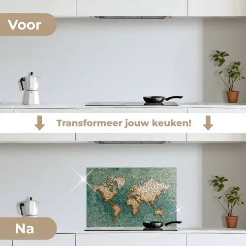 Wereldkaart - Gebroken tegels - Mozaïek keuken achterwand spatscherm klein -voor_na_NL
