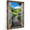 Doorkijk - Hortensia - Pad - Natuur Tuinposter op houten frame 2 cm dik klein -3d