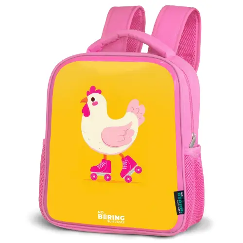 Kip - Rolschaatsen - Geel Kinderrugzak - Roze middel -schuin