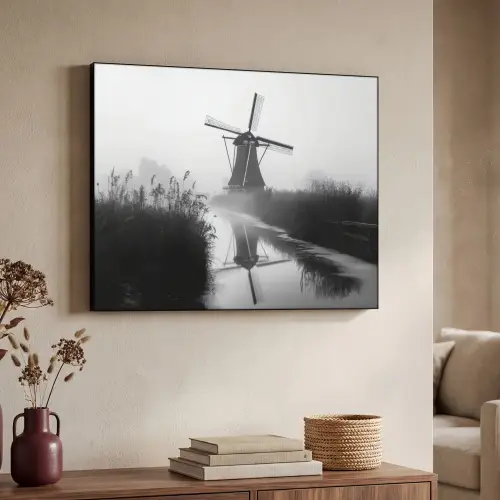 Molen - Weerspiegeling - Landschap - Water Textielframe zwart klein -sfeer3