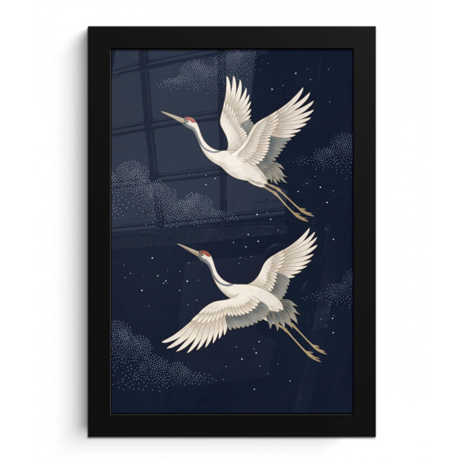 Kraanvogels - Nachthemel - Blauw fotolijst zwart zonder passe partout klein -3d