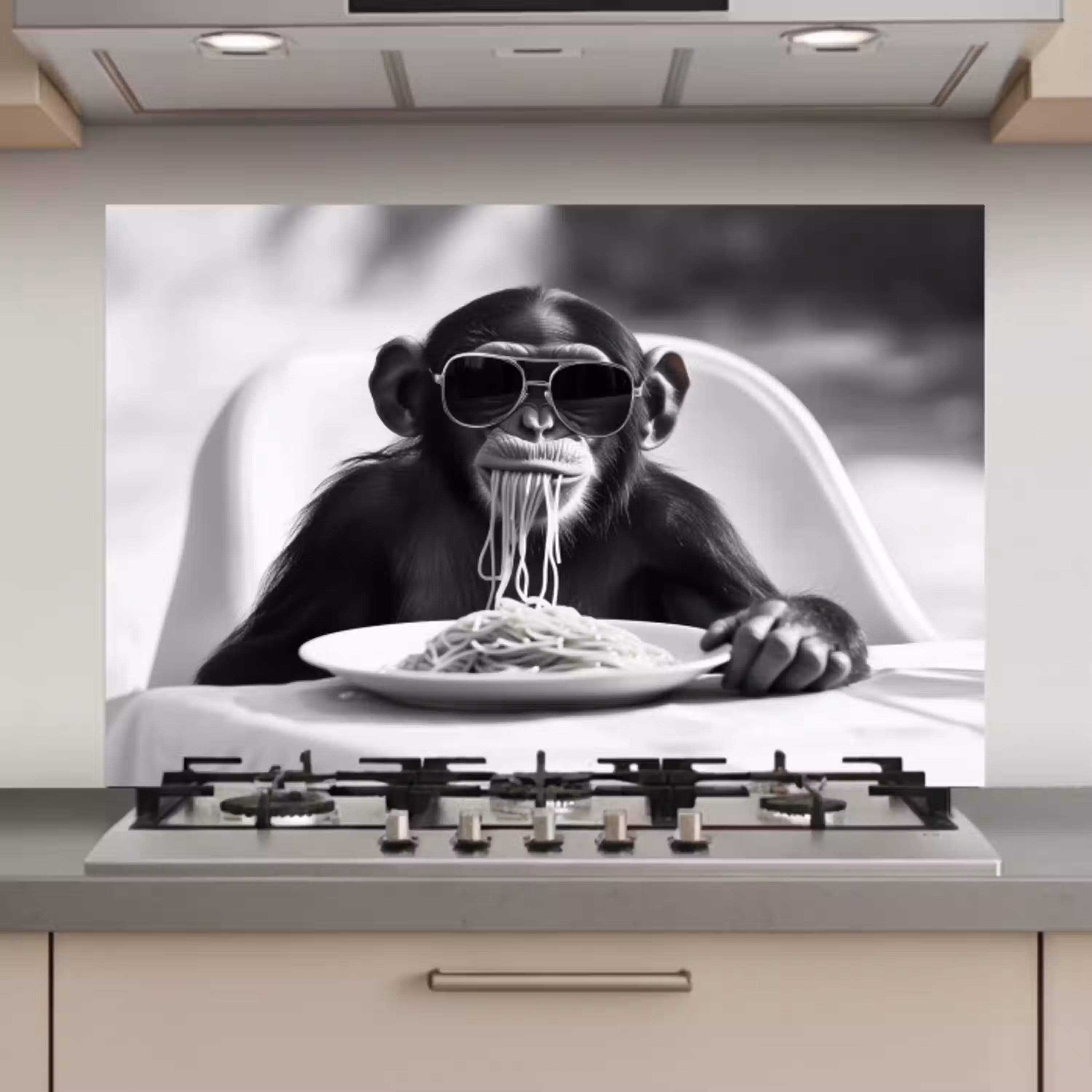 Aap - Spaghetti - Zonnebril - Zwart wit - Cool - Dier keuken achterwand spatscherm klein -3d_website