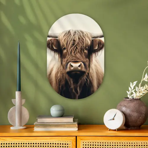 Schotse hooglander - Hoorns - Landschap Wandcirkel Ovaal Forex klein -sfeer2