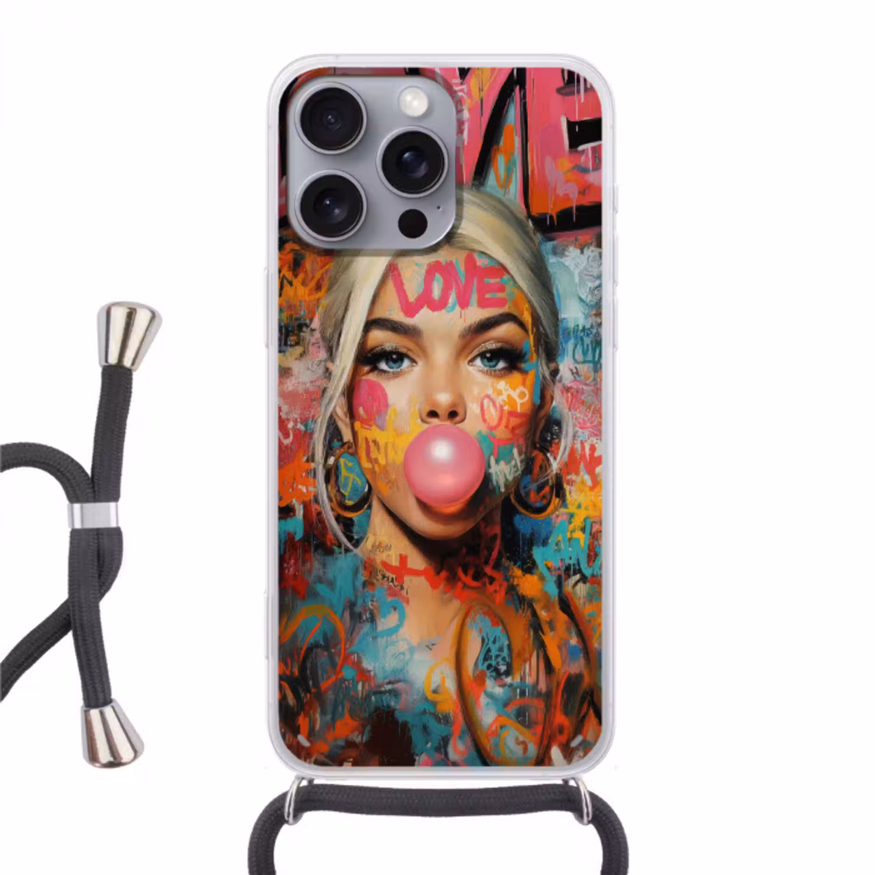 Vrouw - Kauwgom - Graffiti - Love Hoesje iPhone 16 Pro Max met koord klein -3d