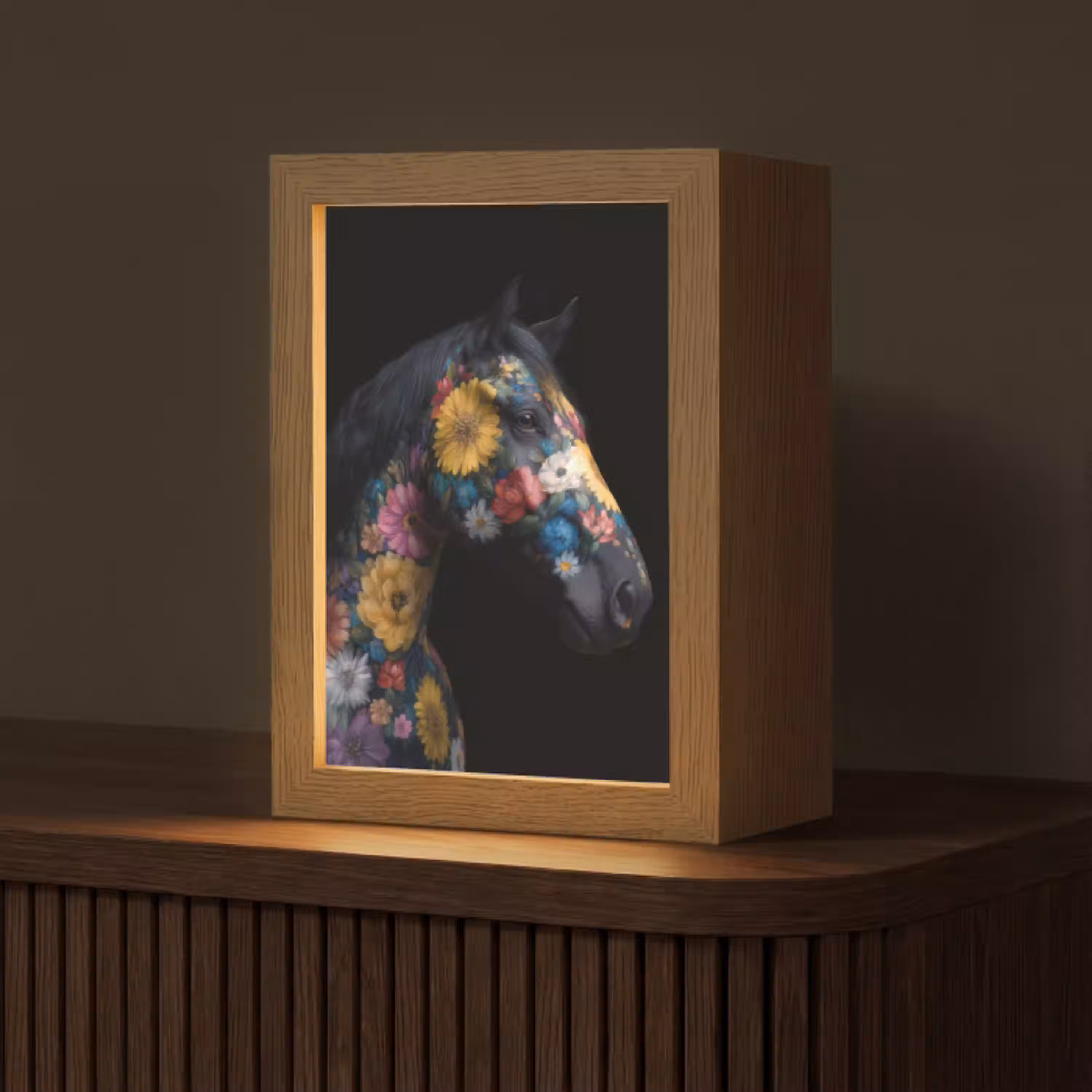 Paard - Bloemen - Zwart Light Box met kabel (Tafellamp) klein -z3d_website