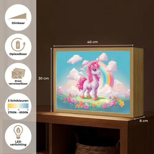 Unicorn - Meisjes - Bloemen - Regenboog - Eenhoorn Light Box met batterij (Wandlamp kind) middel -USP_websiteoverzichtNL