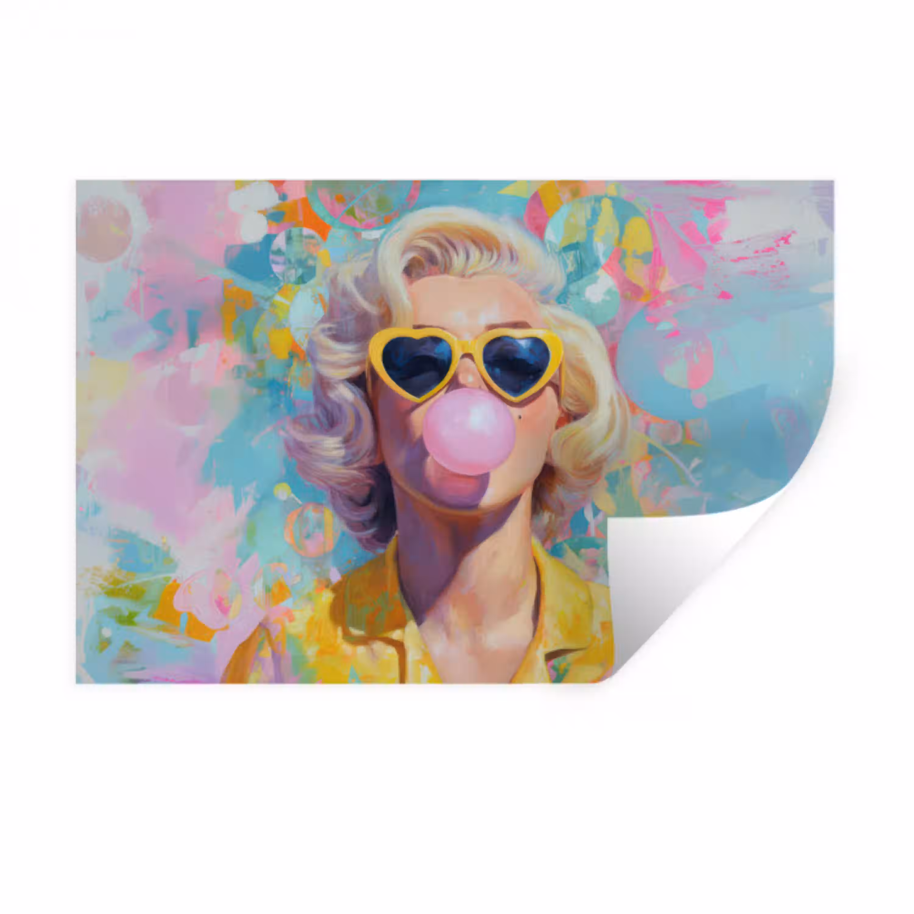 Vrouw - Blond - Roze kauwgom - Kleurrijk - Pastel Muursticker klein -3d