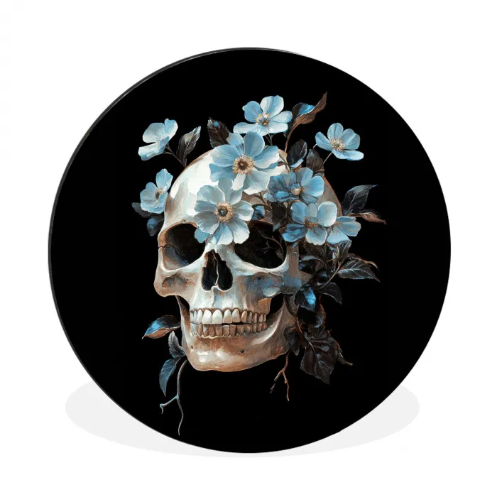 Schedel - Blauw - Bloemen - Bladeren Wandcirkel aluminium klein -3d