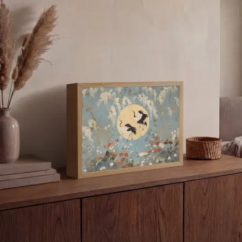 Kraanvogels - Maan - Bloemen - Blauw Light Box met batterij (Wandlamp) middel -sfeer2