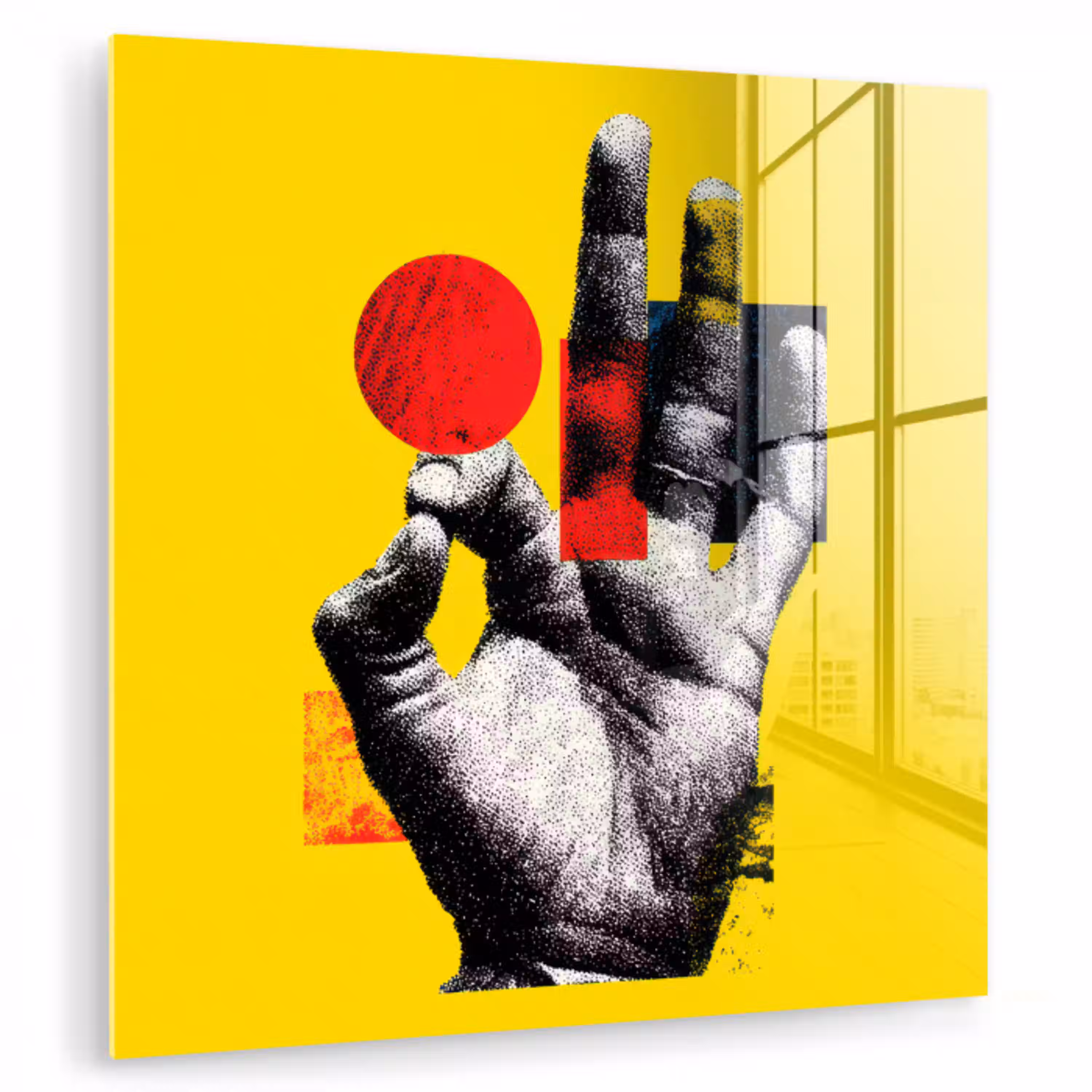 Hand - Rode cirkel - Geel plexiglas 5mm klein -zzzproduct_nieuw