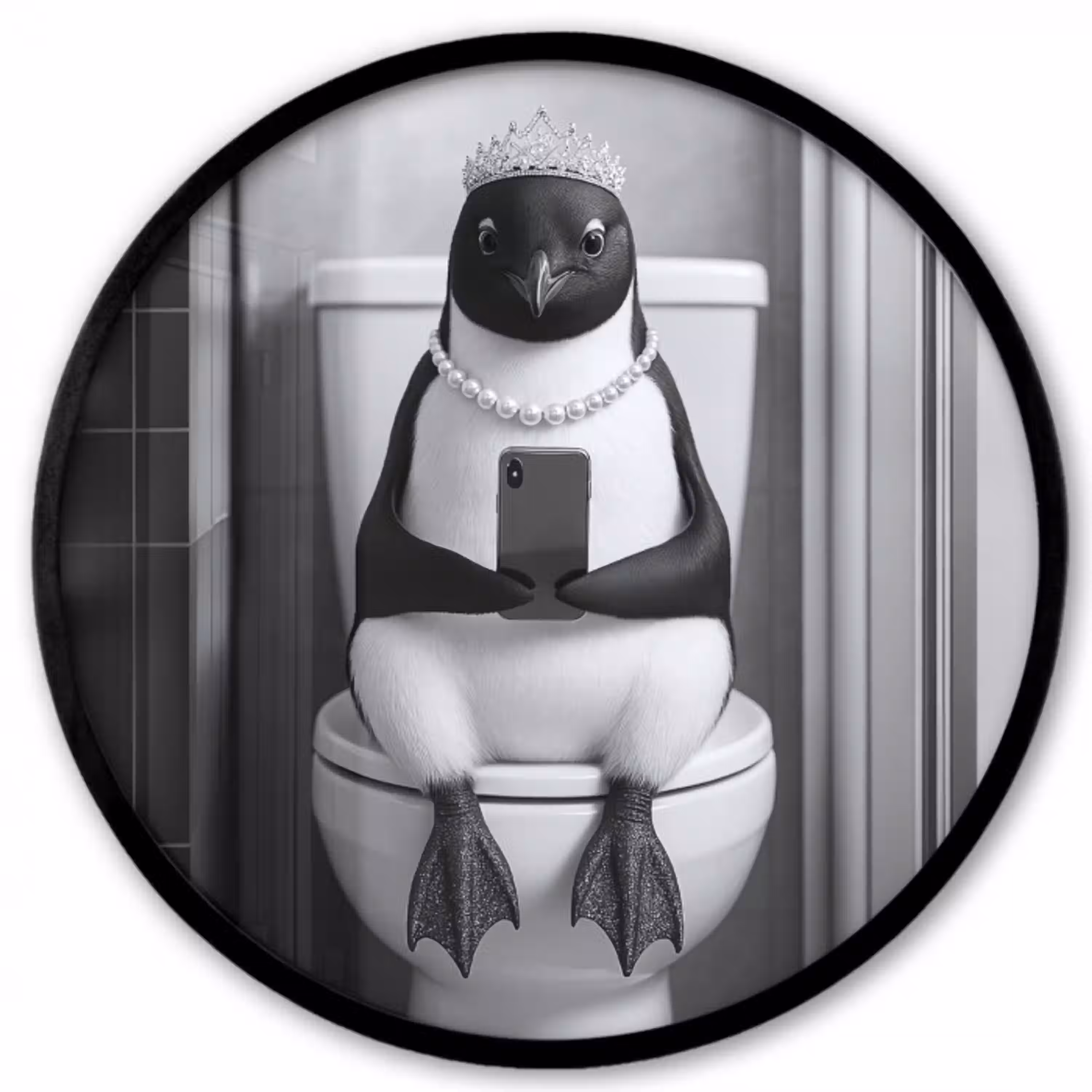 Pinguïn - Telefoon - Toilet - Zwart - Wit Fotolijst rond zonder passe partout klein -3d