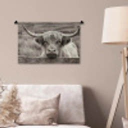 Schotse hooglander - Zwart - Wit - Hout Wandkleed katoen klein -sfeer4