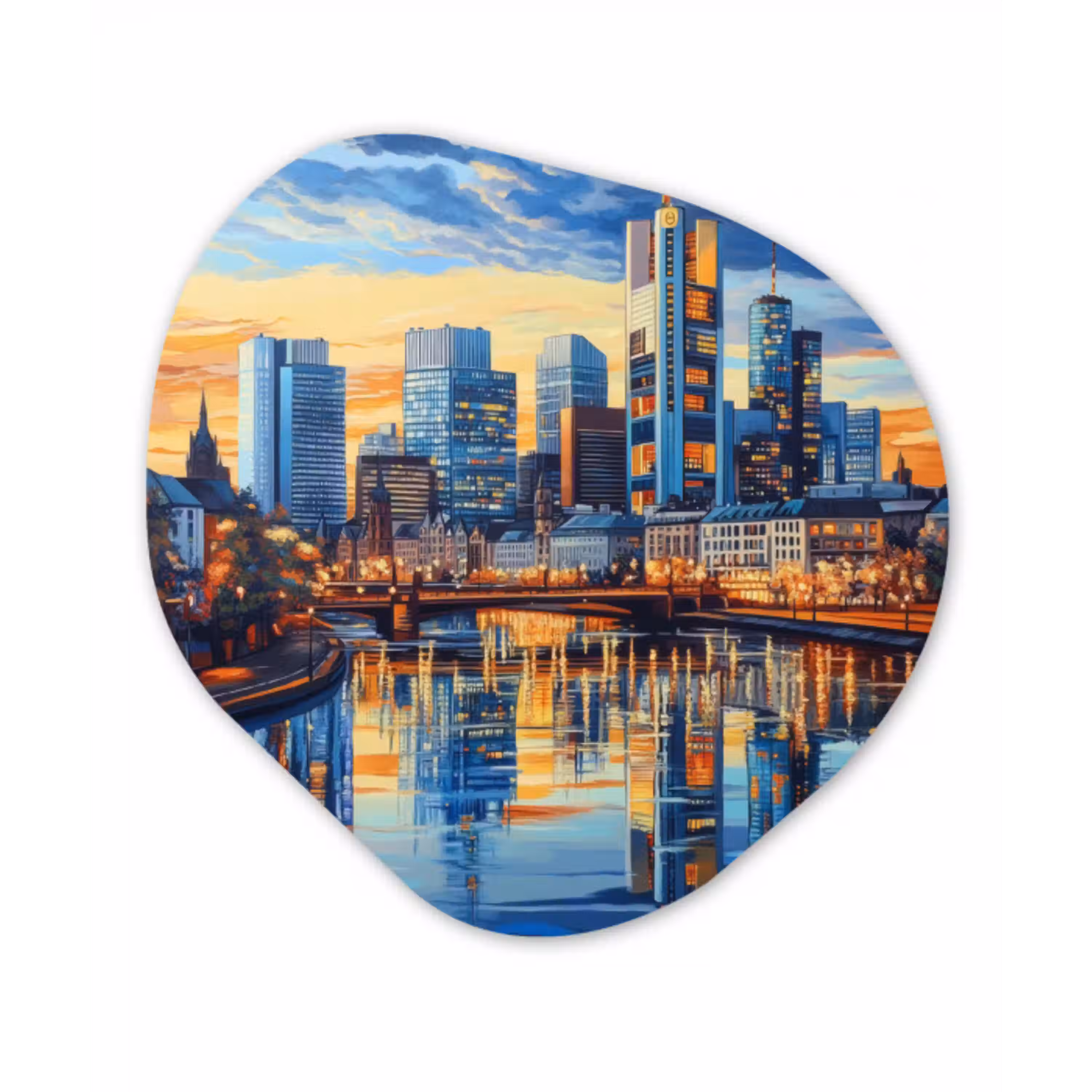 Zonsondergang Frankfurt - Stad - Skyline - Water Wandcirkel Organisch Aluminium middel -3d
