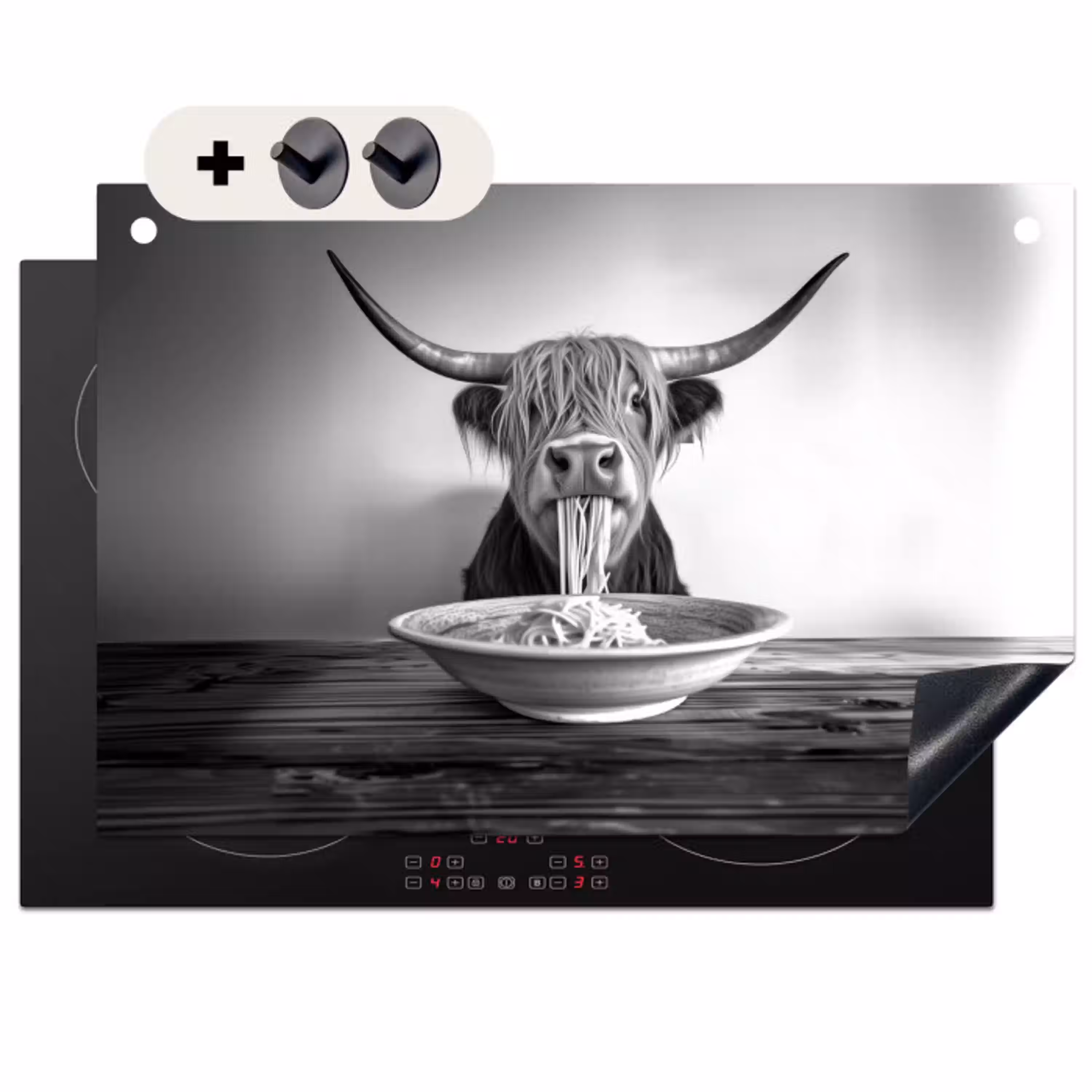 Schotse Hooglander - Spaghetti - Dieren - Zwart wit Inductie beschemer met haakjes klein -3d