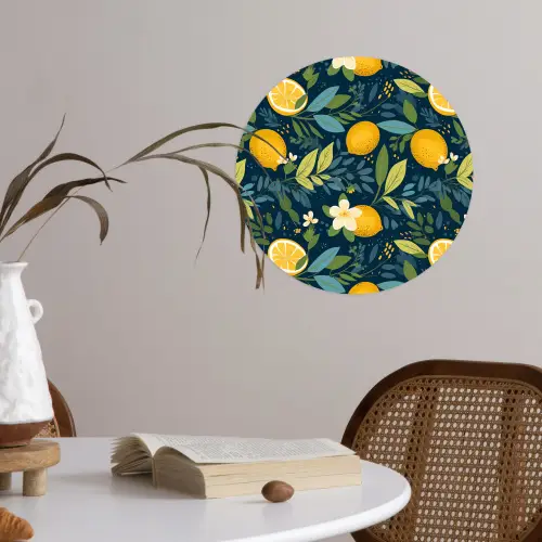 Bloemen - Bladeren - Citroenen - Blauw Wandcirkel behangsticker klein 186 -sfeer3