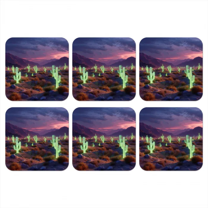 Neon cactussen - Woestijn - Zonsondergang onderzetter kurk middel -3d