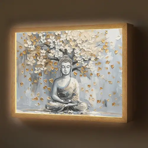Boeddha - Bloemen - Boom - Goud - Modern Light Box met batterij (Wandlamp) middel -z3d_website