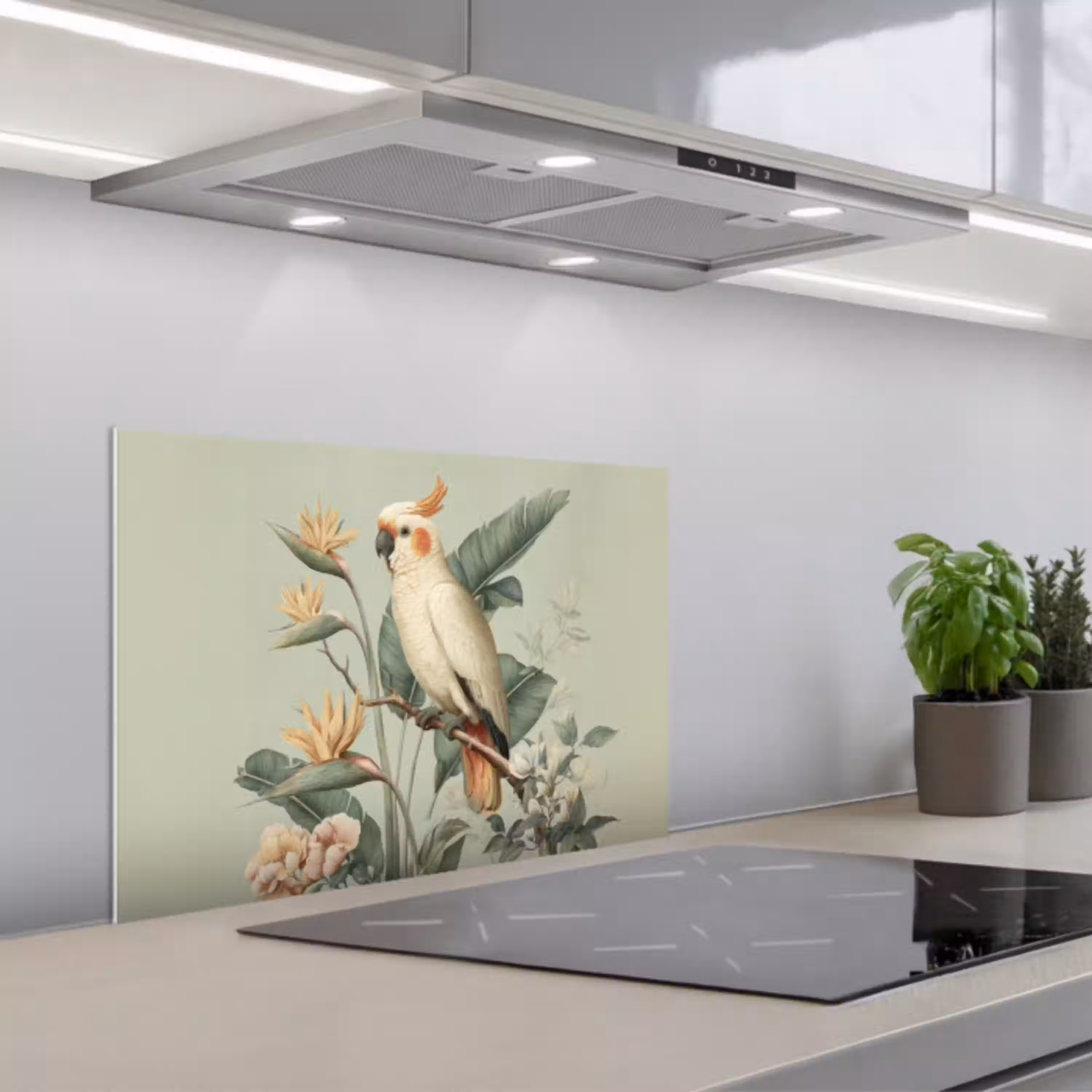 Gele kuifkaketoe - paradijsvogelbloemen - Groen keuken achterwand spatscherm klein -3d_schuin