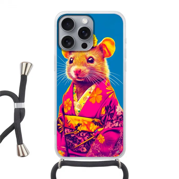 Muis - Kimono - Bloemen - Blauw Hoesje iPhone 16 Pro Max met koord klein -3d