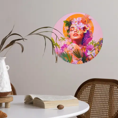 Vrouw - Abstract - Cirkel - Bloemen Wandcirkel behangsticker klein -sfeer3