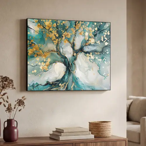 Boom - Modern - Verflook - Turquoise - Goud Textielframe - compleet frame klein -sfeer3