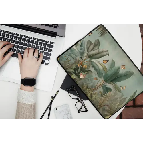 Tropisch bladerdek - Vlinders - groen - Bruin laptophoes neopreen klein -bureau