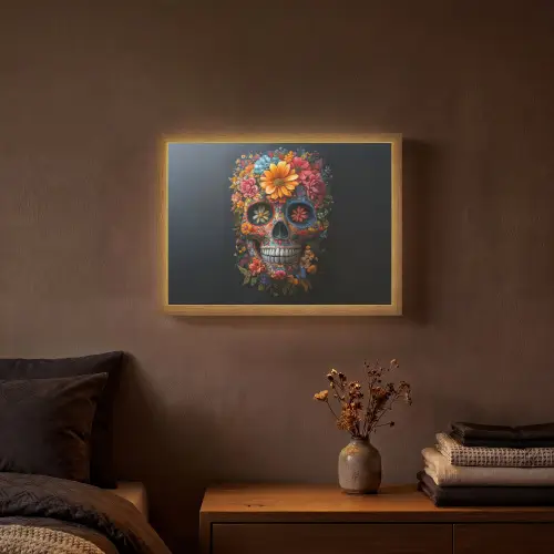 Bloemen - Kleurrijk - Schedel Light Box met batterij (Wandlamp) middel -sfeer4