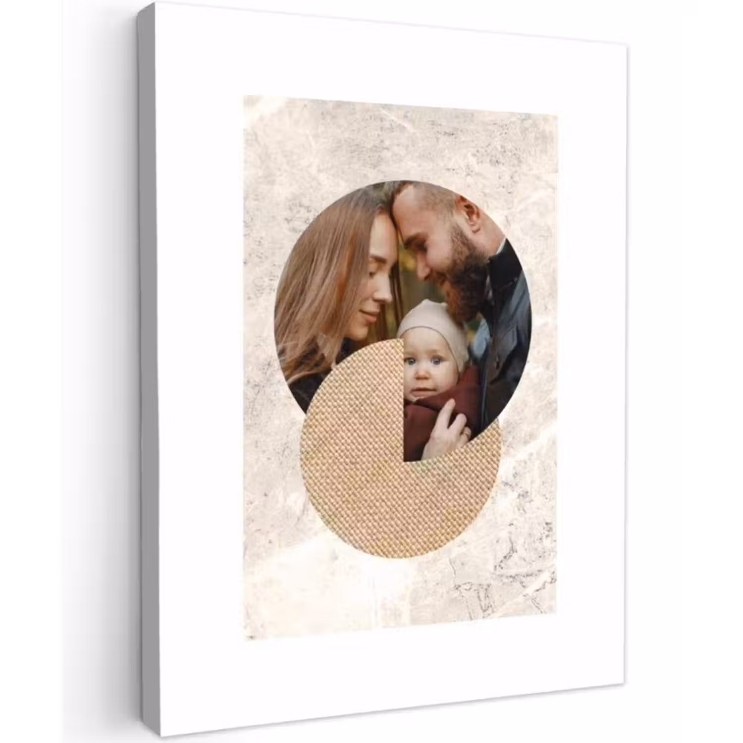 Gepersonaliseerd canvas schilderij - Ronde fotocollage met beige textuur en marmeren achtergrond
