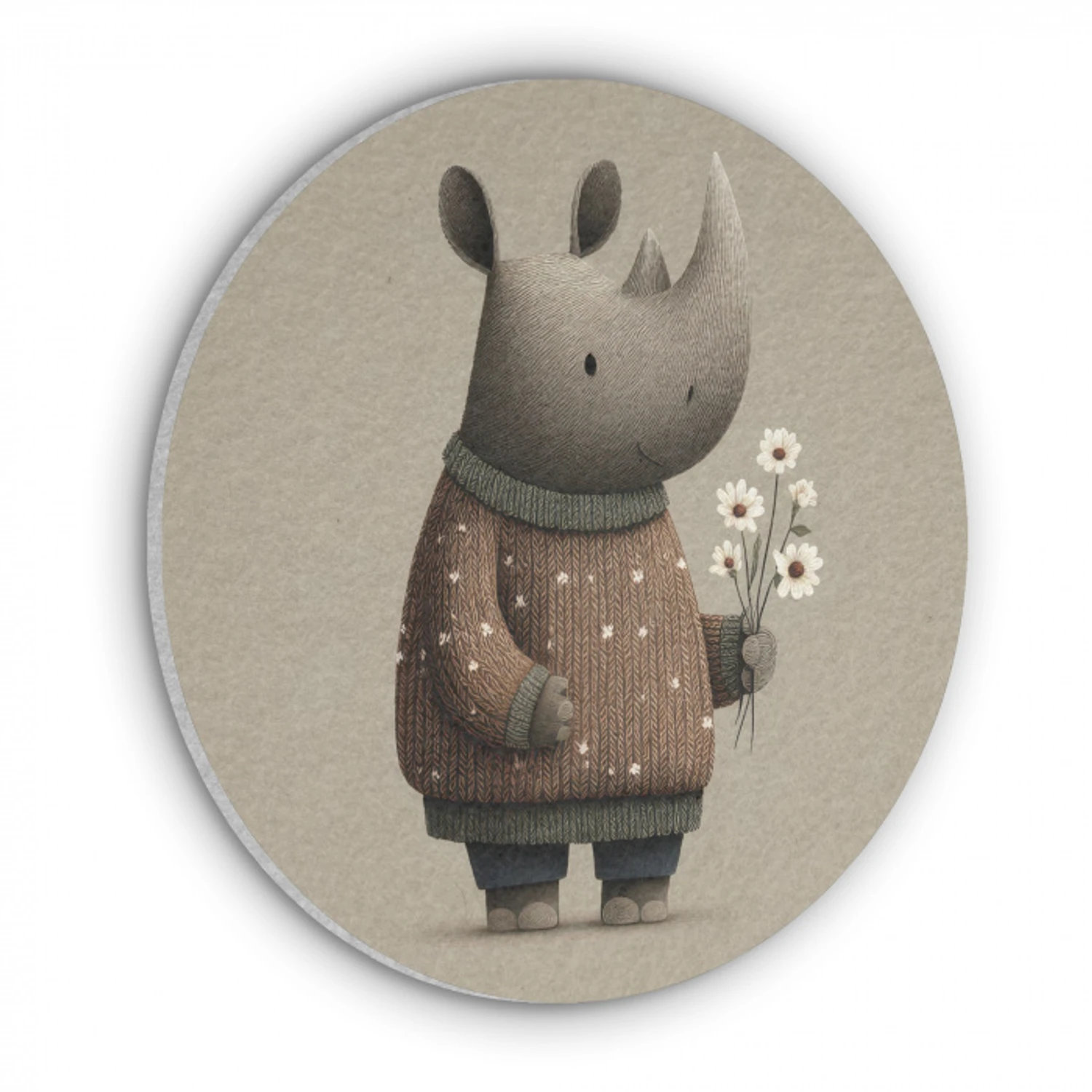 Neushoorn - Witte bloemen - Lief Akoestische PET Vilt - Rond klein -3d