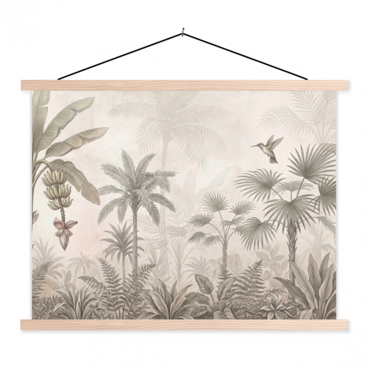 Jungle - Banenboom - Kolibrie - Beige textielposter latten blank klein -3d