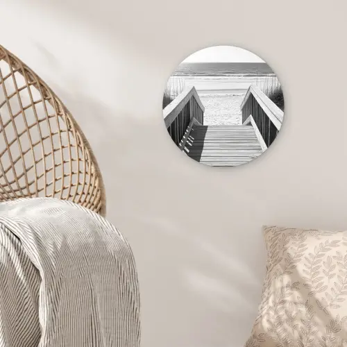 Loopbrug - Hout - Strand - Zee Wandcirkel plexiglas klein -sfeer5