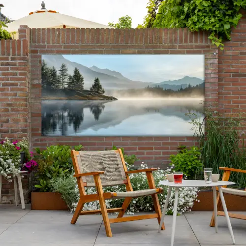 Meer - Mist - Bergen - Landschap Tuinposter op houten frame 2 cm dik xxl -sfeer3