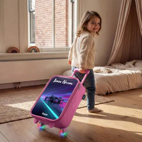 Lichtstralen - Neon - Racewagen - Paars Kinderkoffer - Roze klein -sfeer1