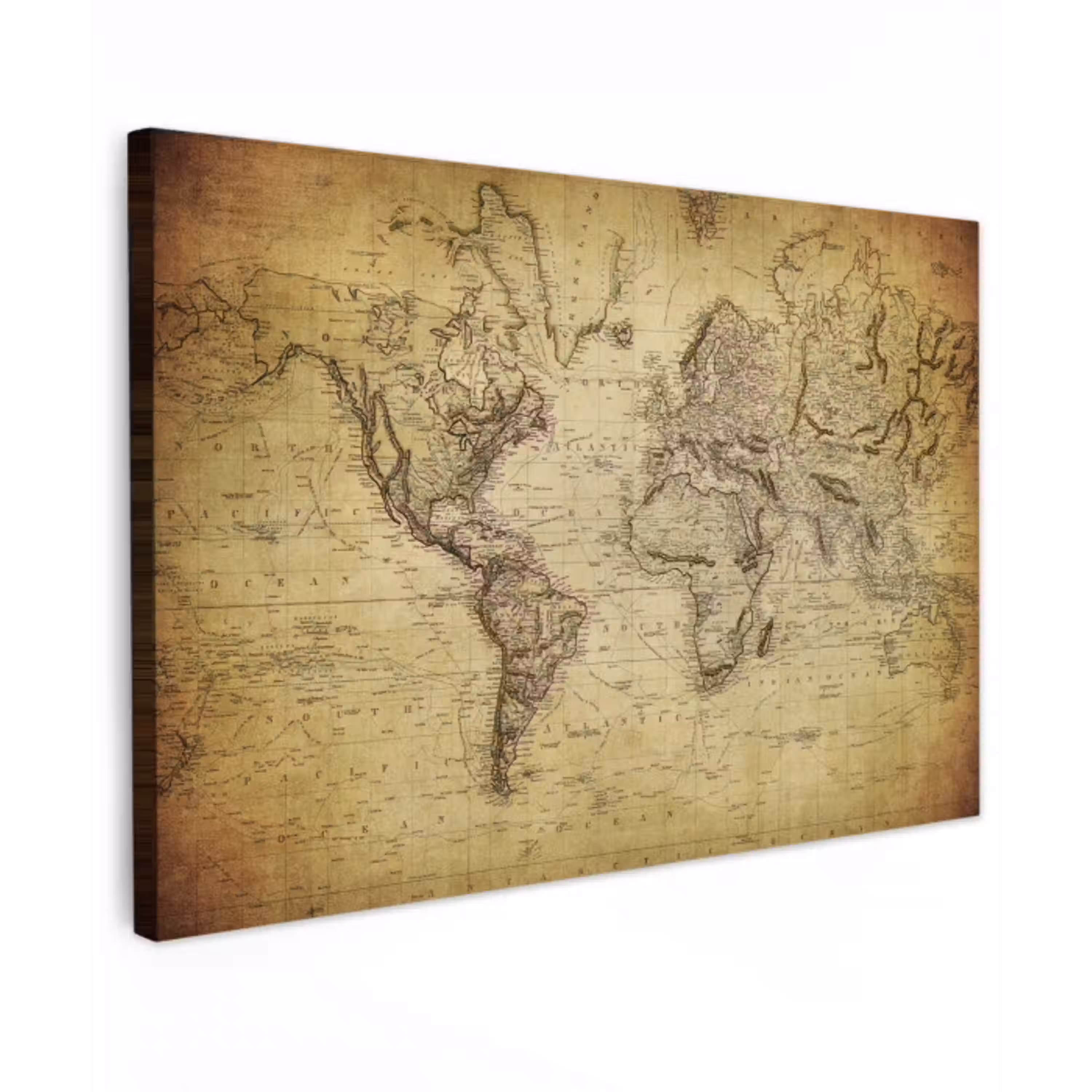 Wereldkaart - Vintage - Antiek - Bruin - Papier canvas 2cm klein -z3d