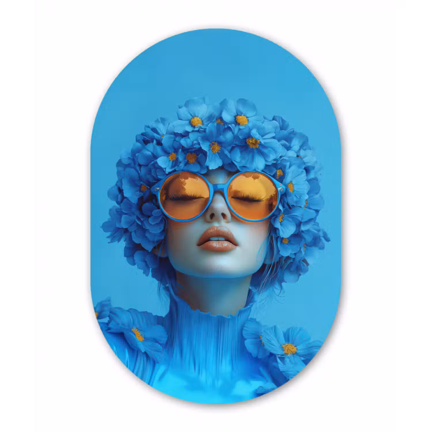Alu-Dibond-Bild Oval - Frau - Blume - Blau - Modern - Brille - Porträt