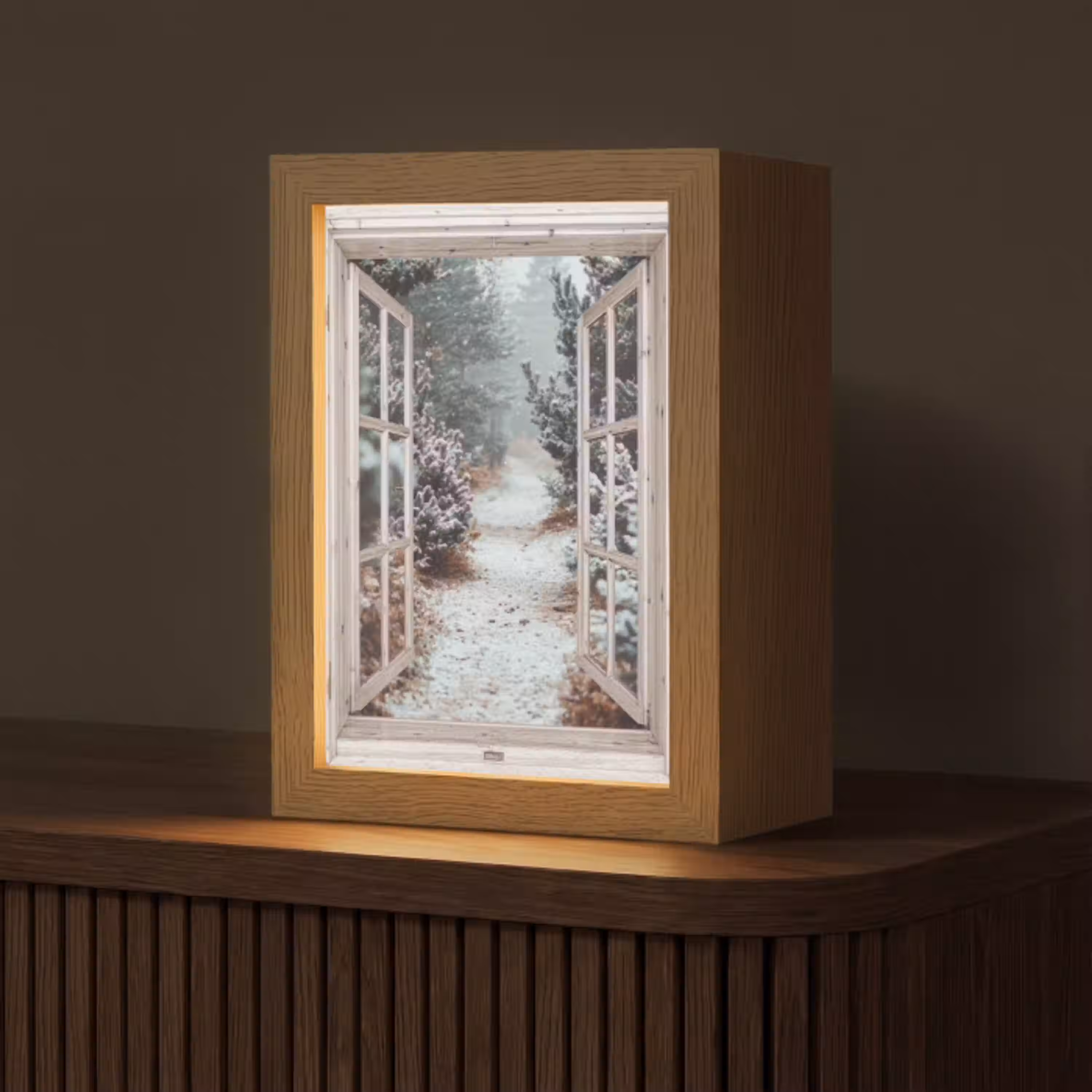 Bos - Winter - Bomen - Natuur - Pad - Doorkijk - Wit Light Box met kabel (Tafellamp) klein -z3d_website