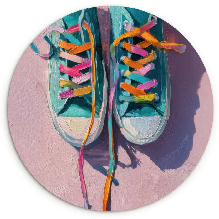 Sneakers - Veters - Kleurrijk - Schaduw Wandcirkel kunststof plaat 5mm dik klein -3d