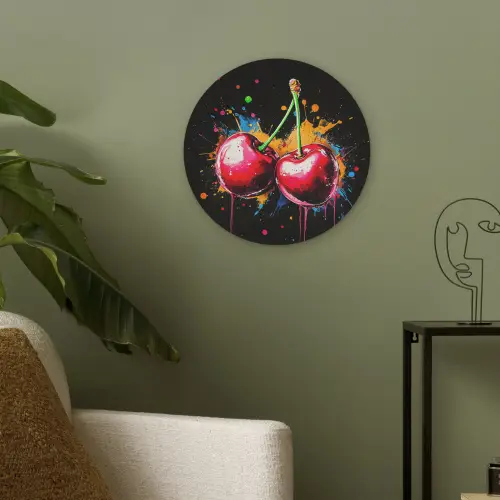 Kersen - Fruit - Graffiti - Verf - Abstract - Modern - Kleurrijk Akoestische PET Vilt - Rond klein -sfeer2