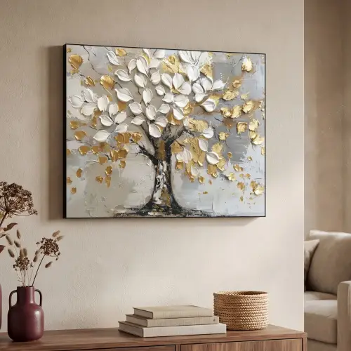 Boom - Beige - Grijs - Goud - Abstract Textielframe - compleet frame klein -sfeer3