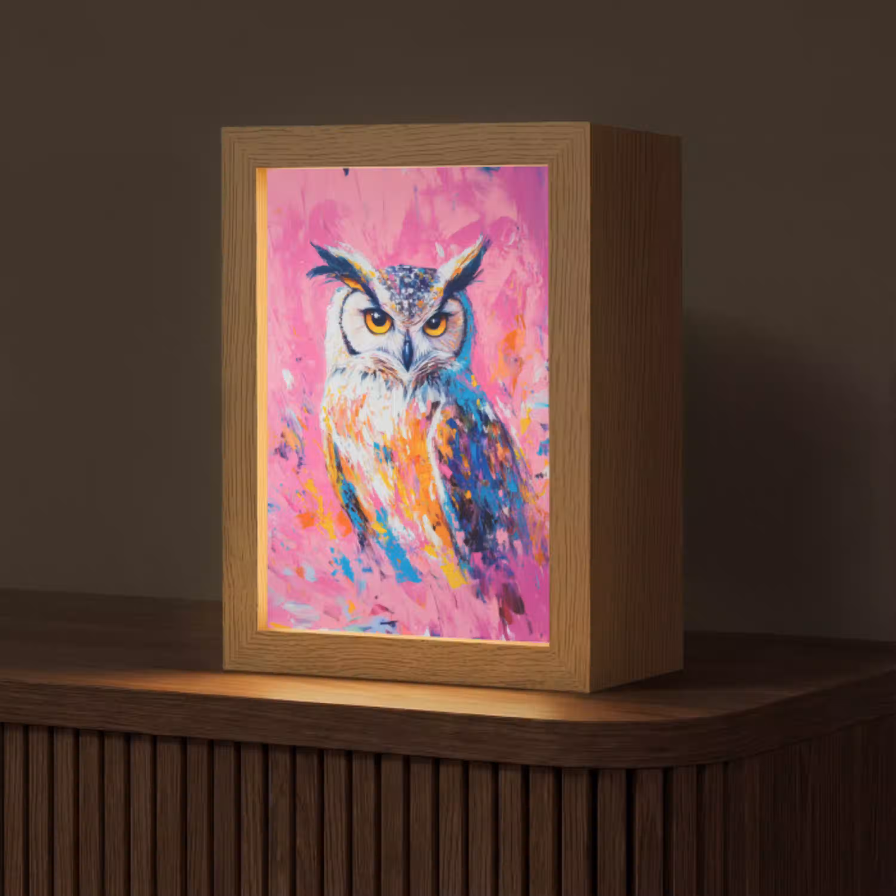 Uil - Roze - Blauw - Verf - Abstract Light Box met kabel (Tafellamp) klein -z3d_website