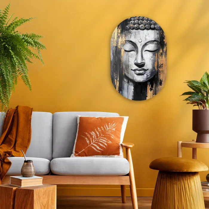 Boedhha - Penseelstreken - Goud - Abstract Wandcirkel Ovaal Forex klein -sfeer4