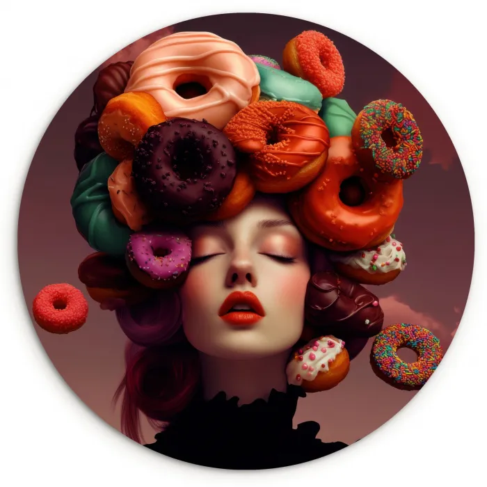 Vrouw - Donuts - Kleurrijk Wandcirkel kunststof plaat 5mm dik klein -3d