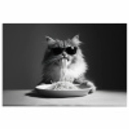 Langharige kat - Zonnebril - Spaghetti - Humor - Zwart - wit poster papier klein -3d
